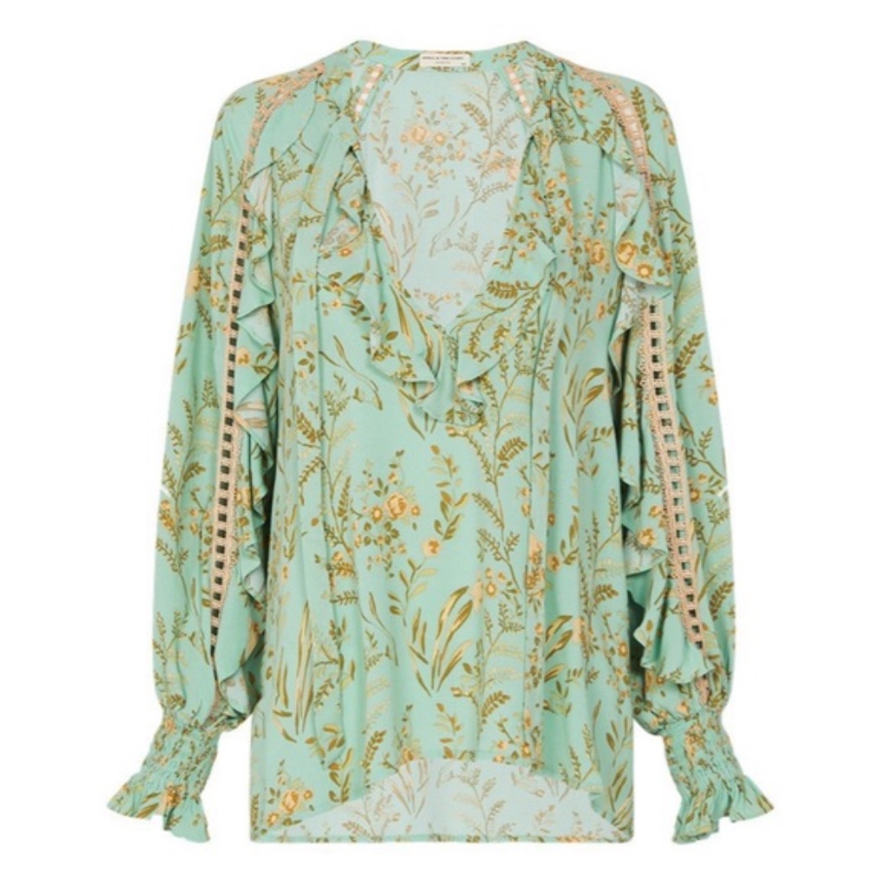 Spell Floral Maisie Ruffle Blouse in Mint Green
